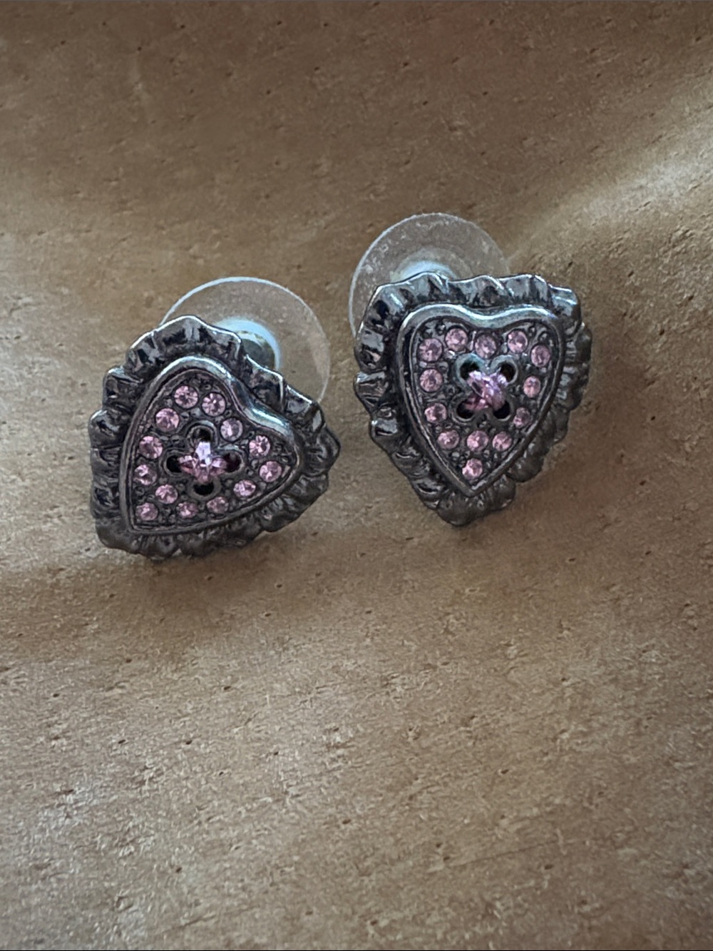 Betsey Johnson - Heart-Shaped Pink Crystal Stud Earrings - costume jewlery